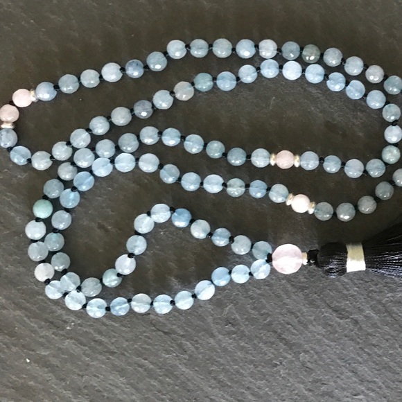 Genuine Aquamarine and Rose Quartz Mala necklace - Picture 7 of 7